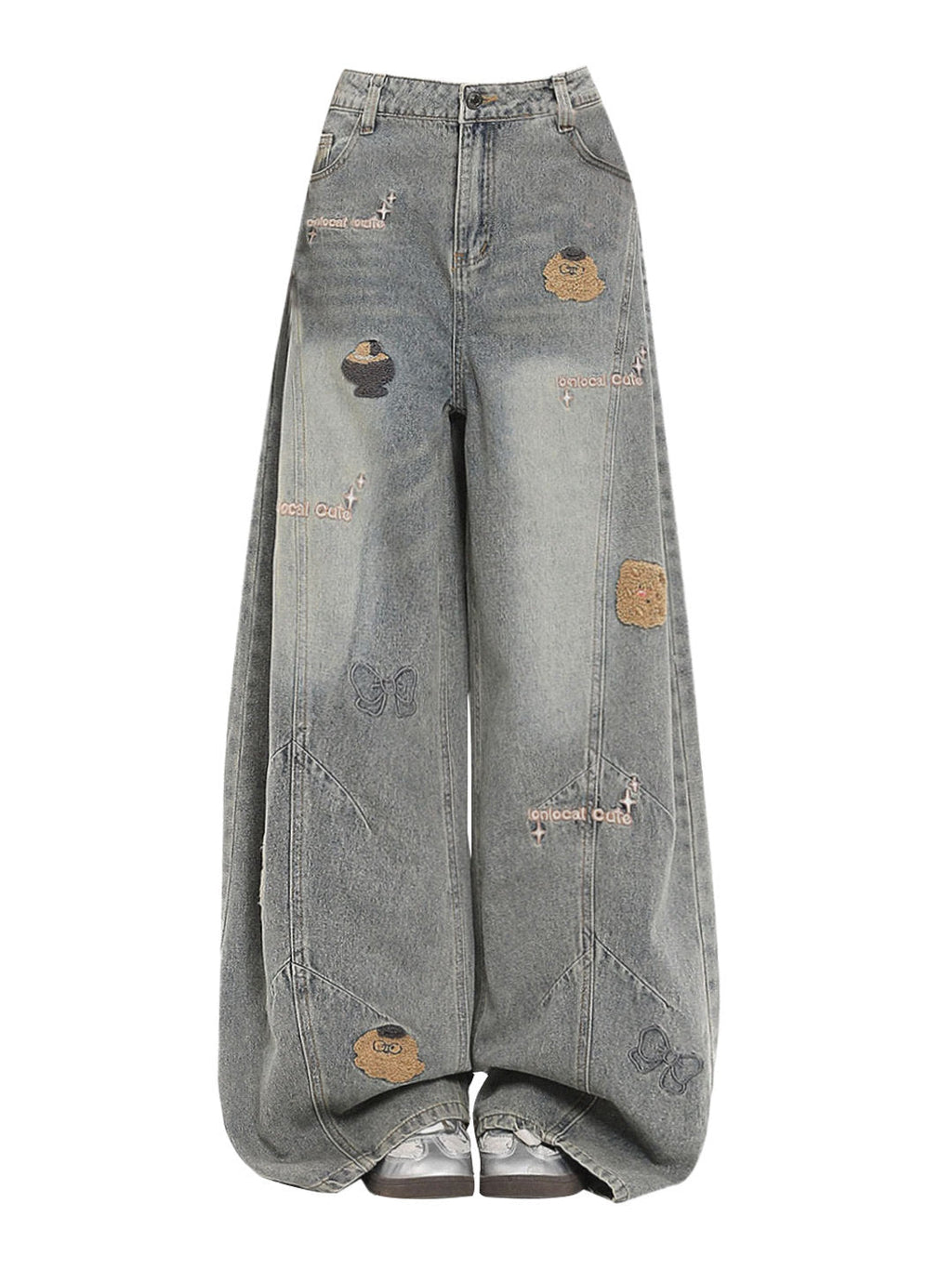 Vintage Washed Cartoon Embroidery Wide Leg Curved Baggy Denim Jeans