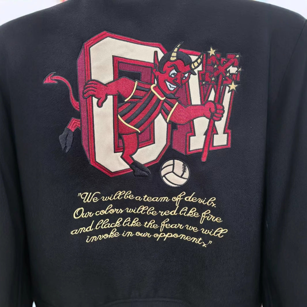 Off-White Cartoon Devil Graphic Varsity Jacket Unisex