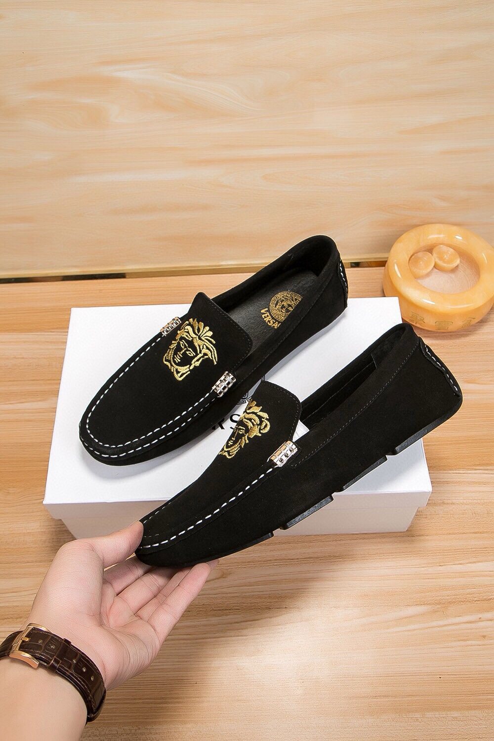 Versace Men's Gold-Embroidered Loafers